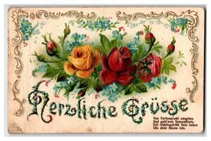1906 Oelsnitz Germany Embossed Roses Floral "Herzliche Grüsse" Postcard